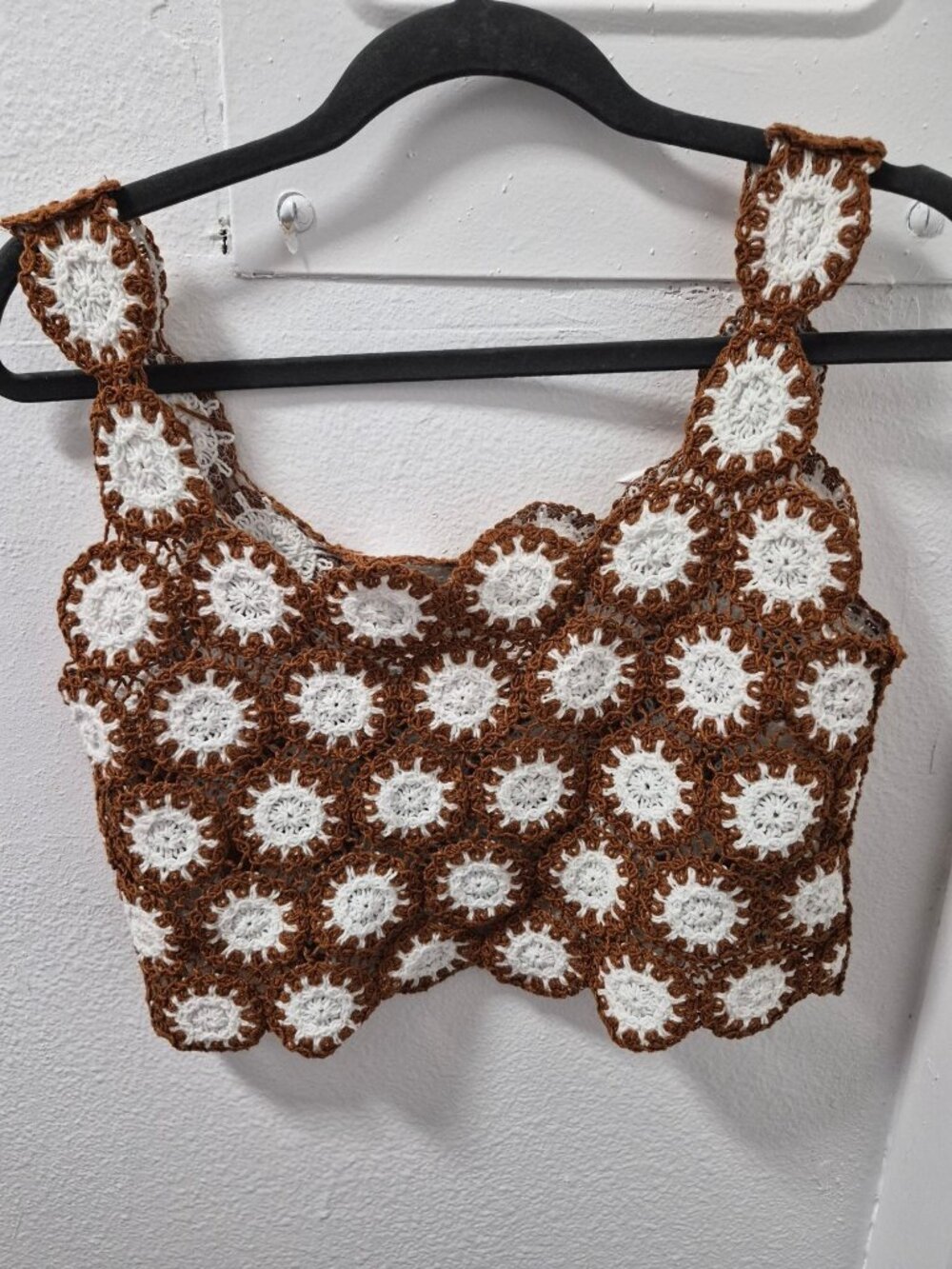 Julia by Love J Handmade Crochet Crop Top Brown White Sunburst Motif Size S